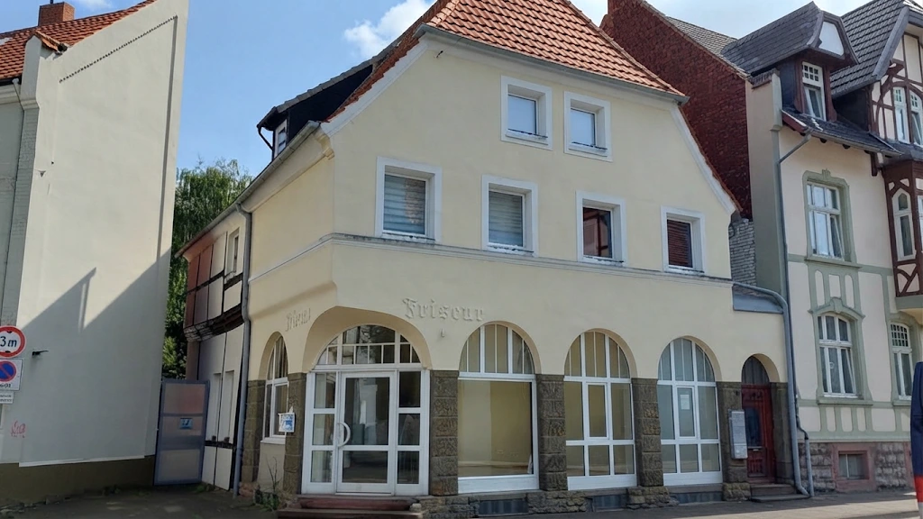 Neue Außenaufnahme: das denkmalgeschützte Haus an der Ulricherstraße 39 mit fünf Rundbögen und Eckeingang